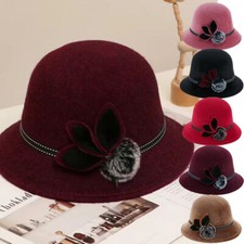 Winter Women Vintage Wool Felt Bucket Cap Flower Cloche Church Bowler Hat USA e