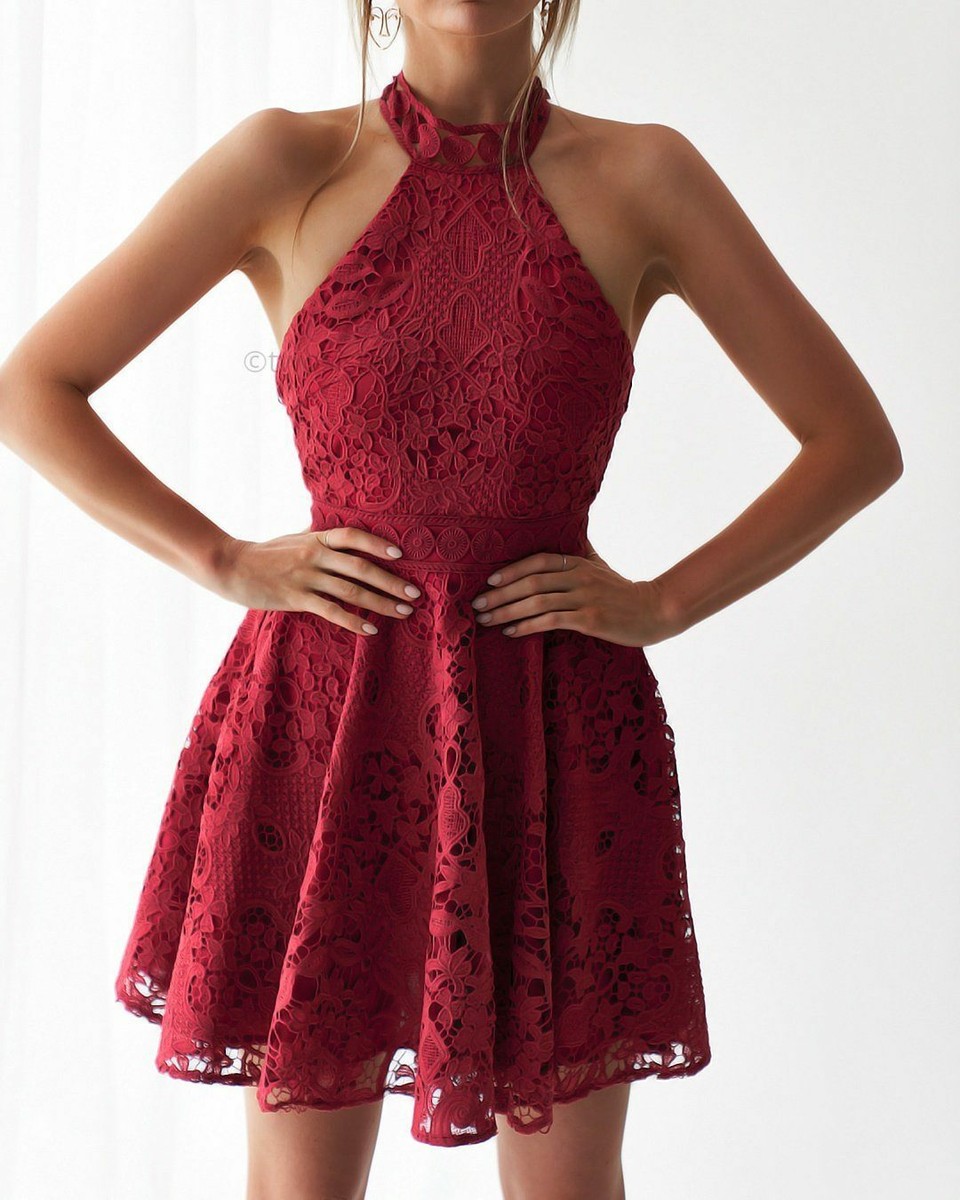 red halter neck lace dress Maria Lace Halter Maxi Dress