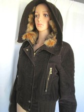 Iceberg Womens Jacket Large Brown Corduroy Faux Fur Hood Made In Italy