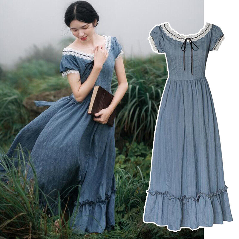 French Dress Vintage Elegant Slim European Romance Blue Long Dress