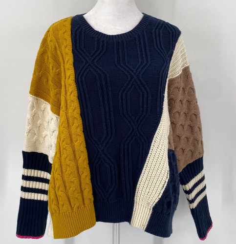 ANTHROPOLOGIE x MAEVE Sweater Size S Blue Colorblock Striped Cableknit Chunky - Picture 2 of 17