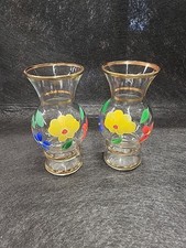 2 Bud Vases 6 Inchs Tall Hand Painted Flowers Gold Gilt Trim Clear Glass VNTG