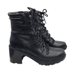 Marc Fisher Laboni Black Leather Combat Boots Block Heel Side Zip Womens 9M