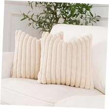  Faux Fur Plush Throw Pillow Covers 18x18 Inch Set 18" x 18" (Pack of 2) Beige
