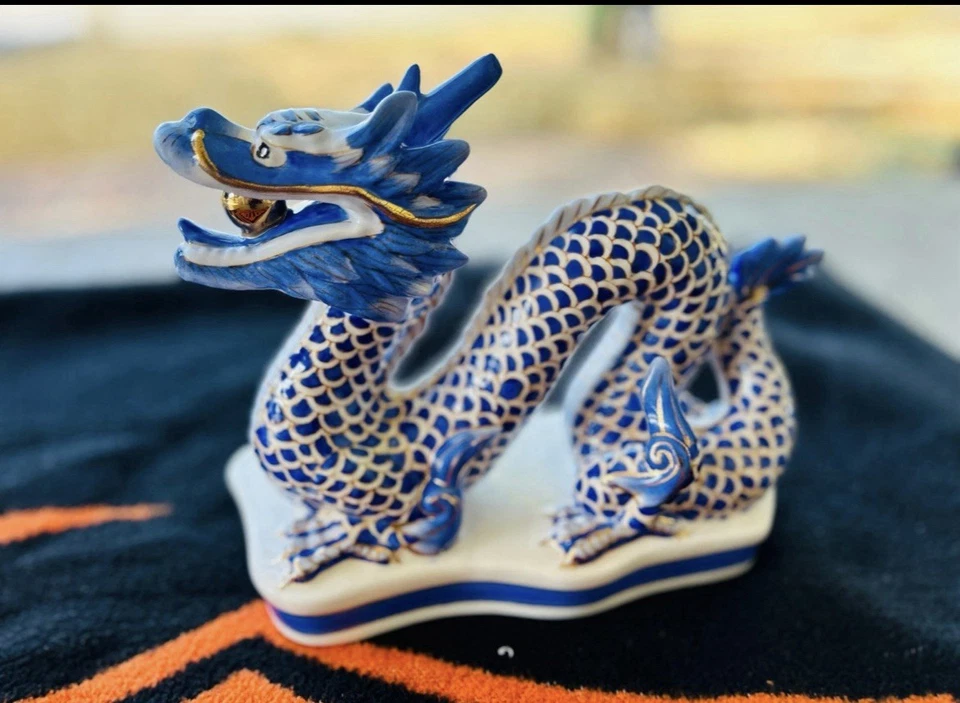 CHELSEA HOUSEBlue Dragon Porcelain Sculpture - Hand Painted with Metallic Gold - Image 2 of 4
