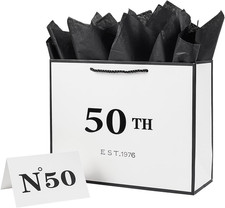 50Th Birthday White and Black Large Gift Bag with Card and Tissue Paper, Metalli