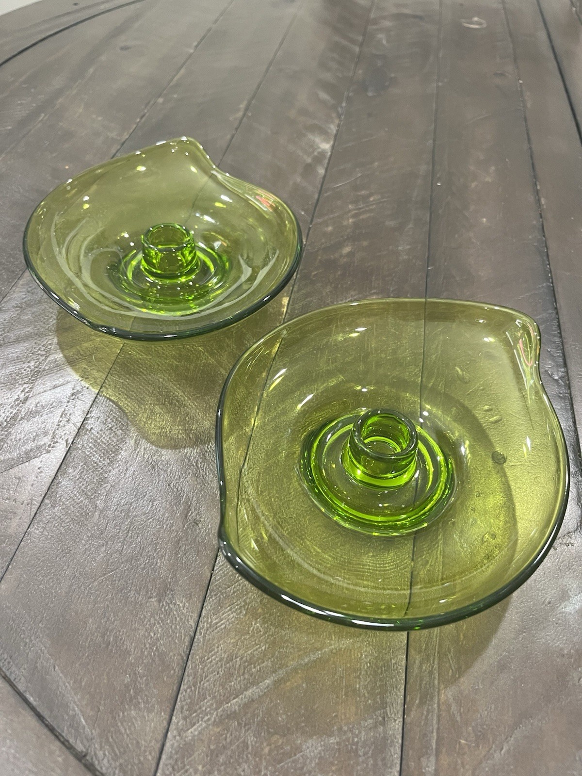 Viking Art Amoebic Epic Glass Candle Holders #1196 Avocado Green Set of 2 MCM