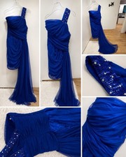 Damen Abendkleid blau kurz One-Shoulder Chiff...