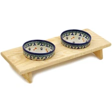 Polish Pottery Pet Bowl Set w/Stand Fetching Puppy Paws