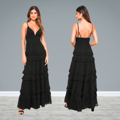 Lulus Lavish Perfection Black Ruffled Tiered Maxi Dress Size Small New SOLD OUT