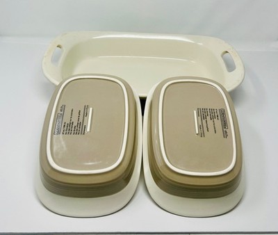 CORNINGWARE ETCH TAN BAKING CASSEROLE DISHES 3QT + 27OZ (x2) STONEWARE NO LIDS