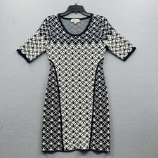 Pink Rose Sweater Dress S Navy Tan Geometric Print 3/4 Sleeve Bodycon Short Mini