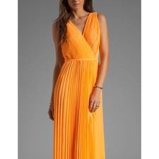 Halston Heritage Orange Pleated V-Neck Gown Crave You Maxi Dress Size 4