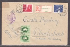 1947 Hungary reg cover to Oberloibach Austria + zweigstelle post Klagenfurt