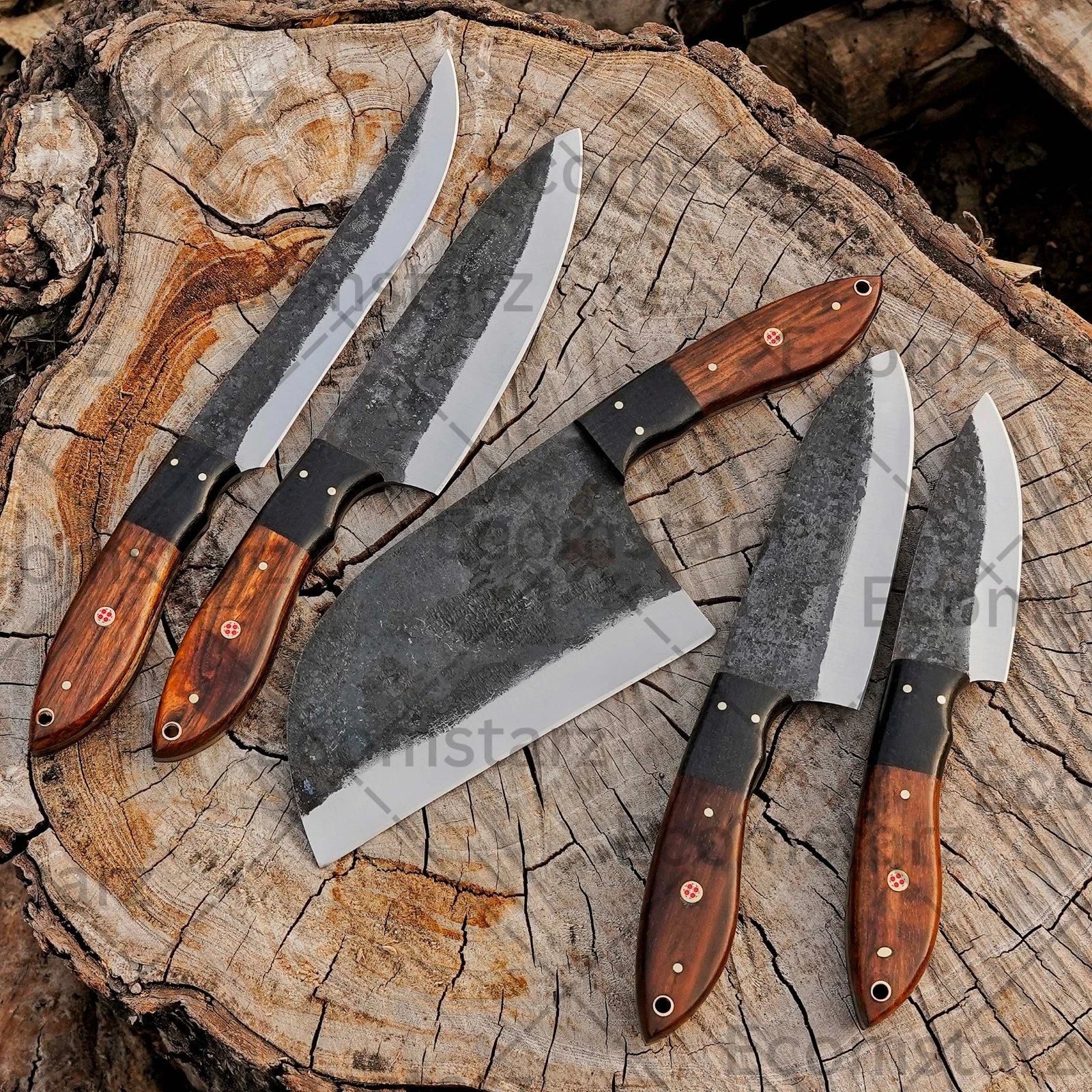 Handmade Damascus Steel Chef Knife Set Of 5 Pieces - Ergonomic Walnut Wood Handl