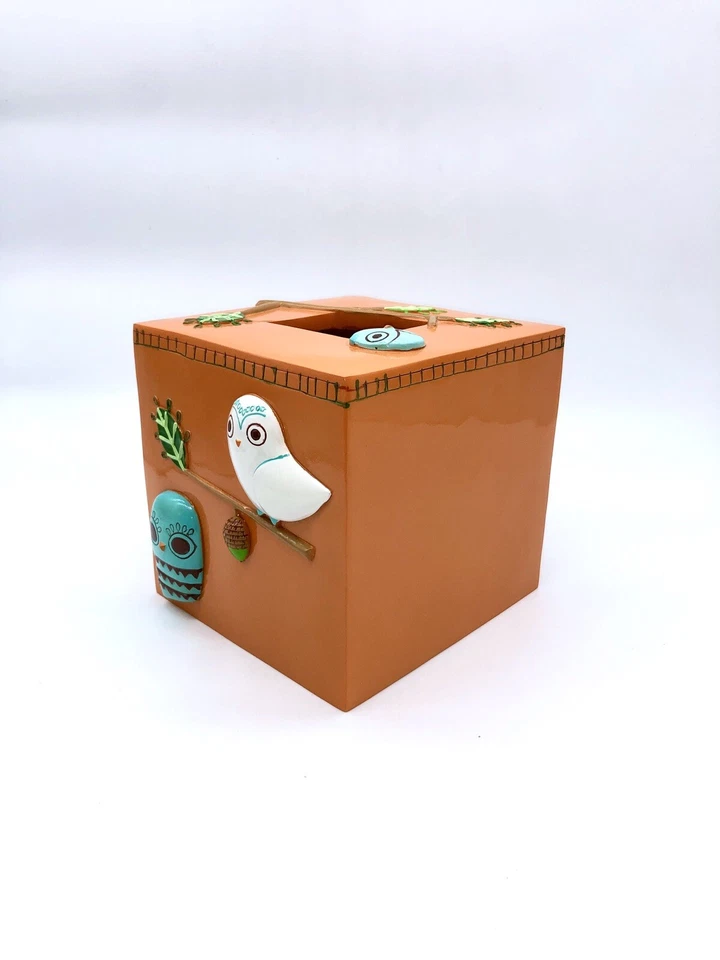 New Creative Bath Orange Give a Hoot Owl Resin Tissue Box Cover Fall Farmhouse - Image 3 of 4