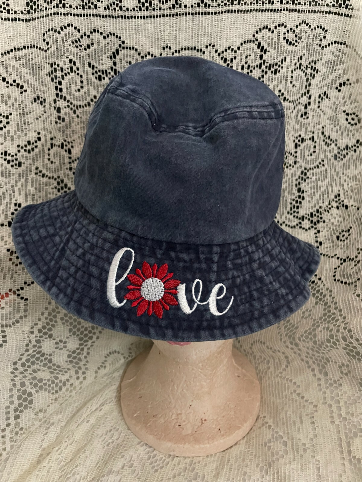 Pre Washed Blue Denim Bucket Hat with Love Embroidery One Size-image