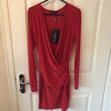 Pretty Little Thing Red Slinky Ruched Wrap Over Bodycon Dress Size 6