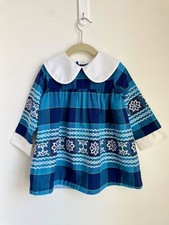Vintage 3t Girls Dress 70s Blue Plaid Snowflake Peter Pan Collar EUC