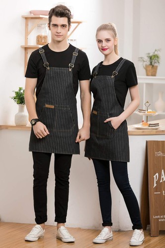 Denim Cross-Back Chef Bib Apron with Pockets for Men and Women Black Stripe - Picture 4 of 8