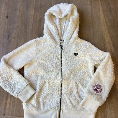 Roxy Girl Size 7 XS Off White Furry Hoodie, Full Zip, Pockets And Logos