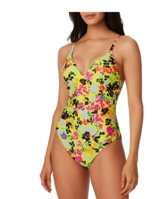 BAR III Womens Large One Piece Swimsuit Yellow Floral Shirred OTS Mio Citron