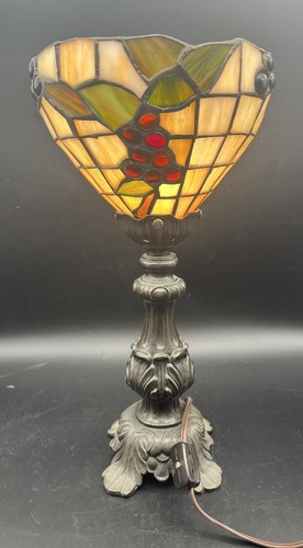 Tiffany Style Mini Torch Table Lamp Handmade Stained Glass Shade Grapes Berries - Picture 2 of 22