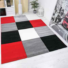 Modern Designer Frisee Rug, Checkered, Contours in Black, Red, White, Grey - NEW