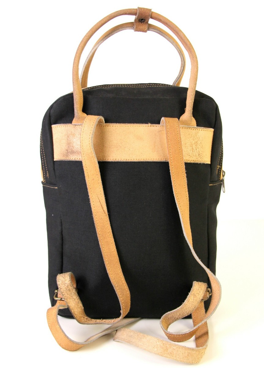 Bonendis Black and Tan Women\'s Backpack bonendis BLACK CANVAS TAN BROWN GENUINE LEATHER ZIP AROUND  main image 3