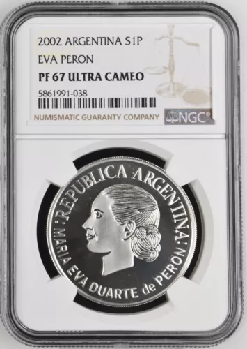2002 ARGENTINA SILVER 1 PESO, EVA PERON - NGC PF 67 ULTRA CAMEO