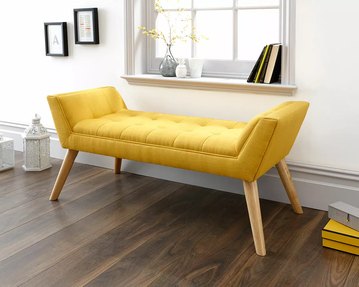 Milan Fabric Upholstered Bench Bed End Window Seat Bedroom Mustard Yellow