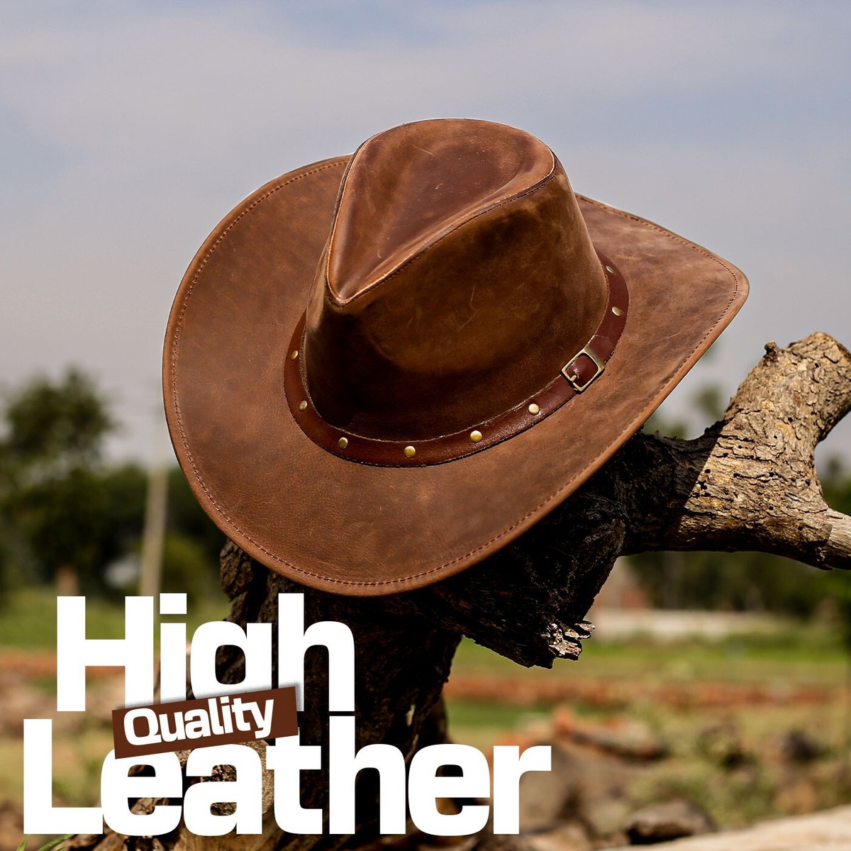 HADZAM Brown Shapeable Western Outback Leather Cowboy Hat for Men