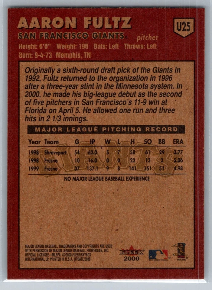 2000 FLEER TRADITION UPDATE BASEBALL U25 AARON FULTZ GIANTS  / FREE SHIPPING - Image 2 of 2