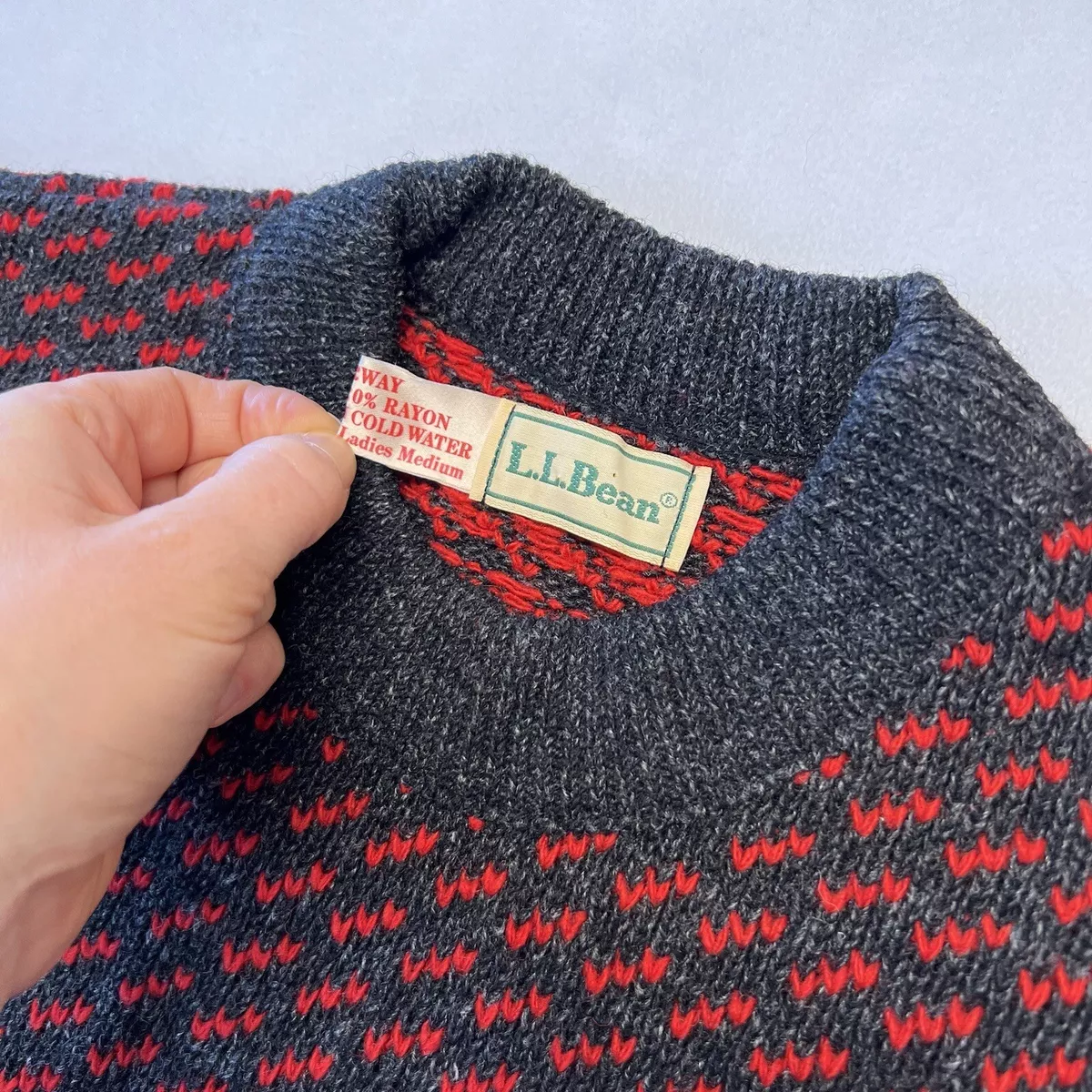 Vintage LL Bean Wool Blend Sweater Fisherman Birdseye Navy Made in Norway Medium