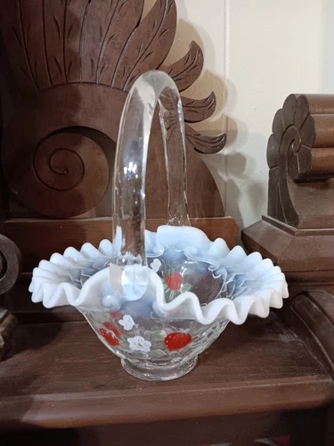 Fenton White Opalescent Ruffled Edge Strawberry Basket Digned