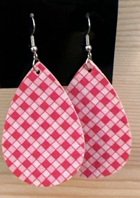Handmade Pink White Plaid Leather Teardrop Earrings – Hook Dangle Lightweight - Image 1 of 4