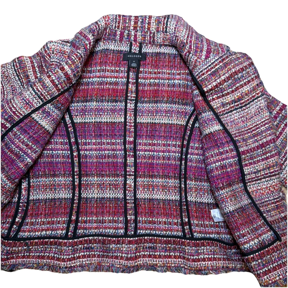 Halogen Multicolor Tweed Bouclé Blazer Women’s Sz M  Jacket Fringe Open Front - Image 3 of 4