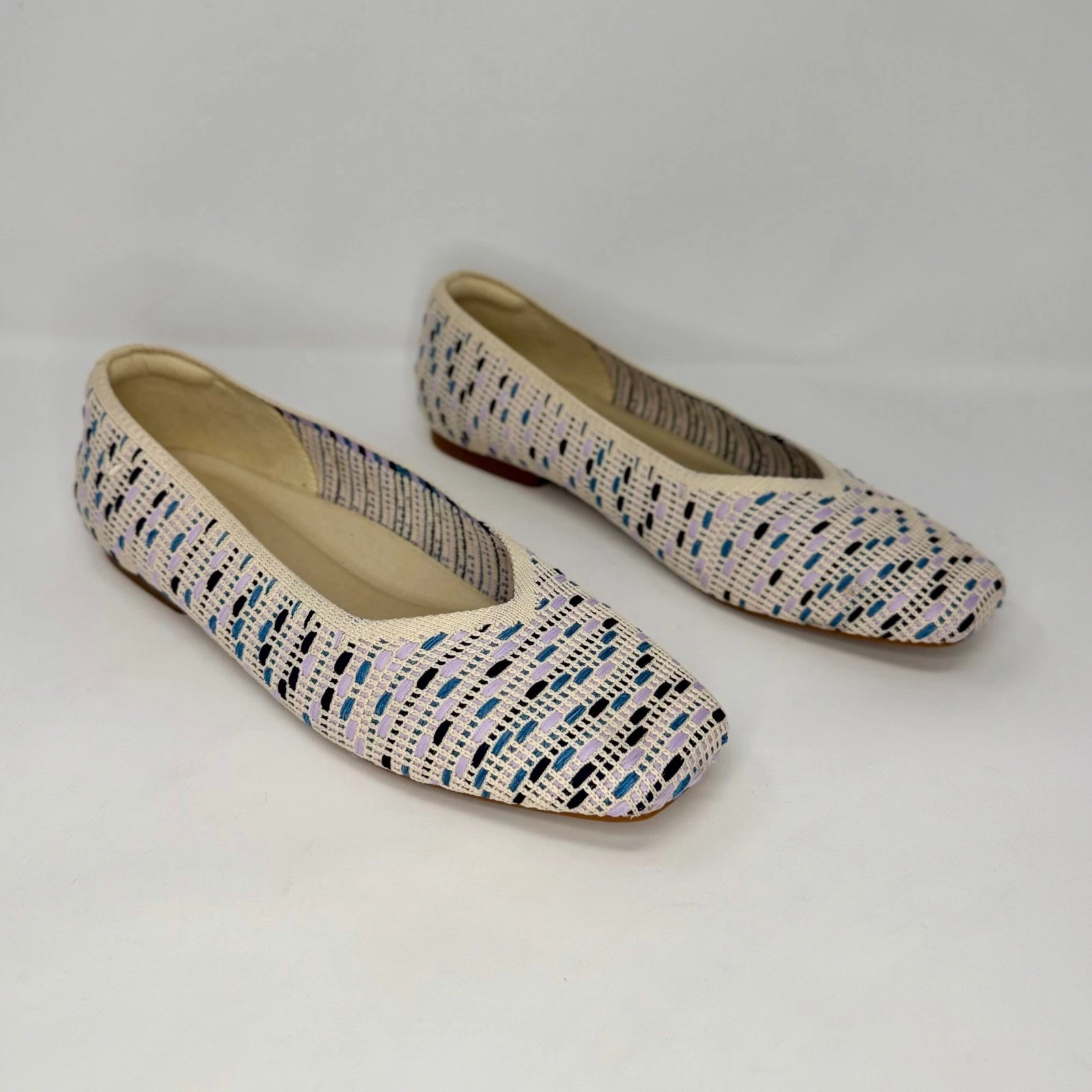 VIVAIA Margot 2.0 Square Toe Flats Multi Blue Crochet Cream Knit Loafer EU 41