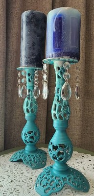 Shabby Chic Turquoise Blue Painted Solid Brass Candle Holders Set 11'' Chandelier