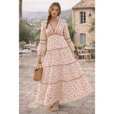 Nasty Gal Floral Boho Tiered Maxi Dress Romantic Cottagecore White US Sz 10