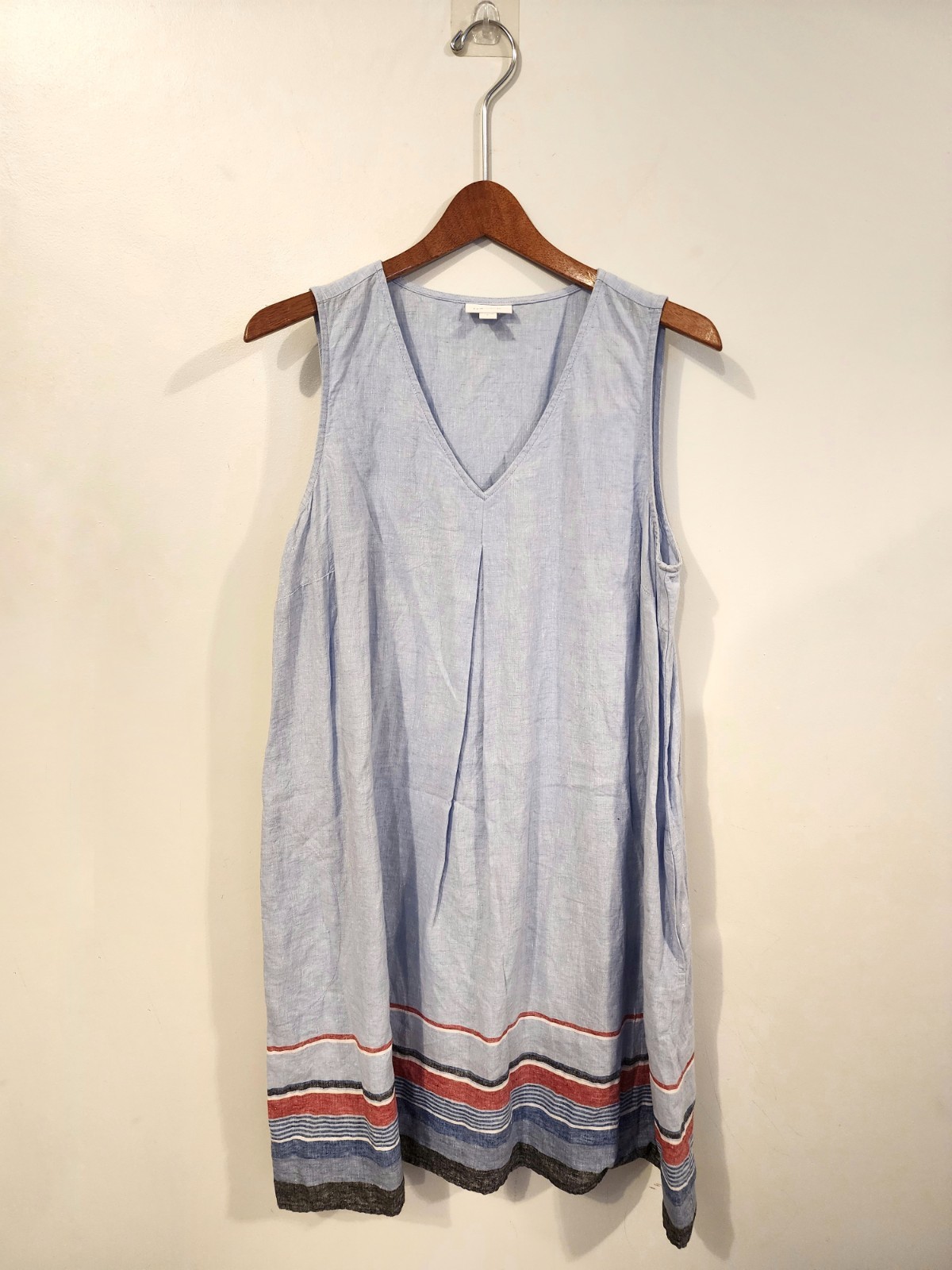 J.Jill Love Linen Sleeveless Shift Dress Blue Striped Hem Size Large L