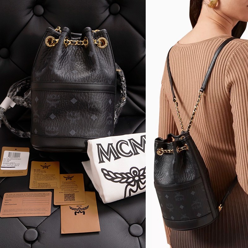 NEW $950 MCM Black Logo Monogram Visetos AREN VI Mini 2Way DRAWSTRING BUCKET BAG