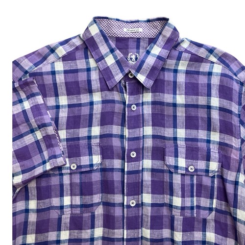 Bugatchi Shaped Fit Shirt Short Sleeve Men's Linen Button Up Plaid Large Purple