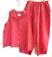 Flax Linen Wide Leg Crop Pant/Sleeveless Button-Up Top Set Dark Pink Size Med
