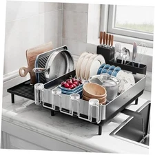  Large Dish Drying Rack, Expandable Dish Racks for Kitchen Black + Silver