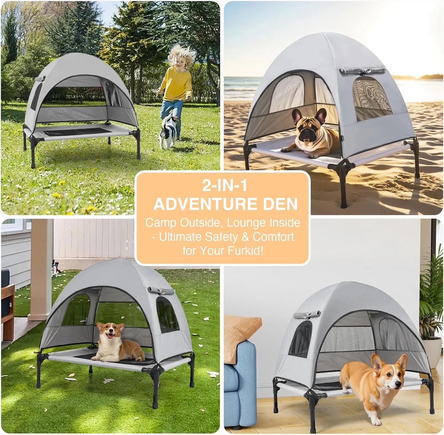 Elevated Outdoor Dog Bed with Canopy Cooling Pet Cot Camping Tent