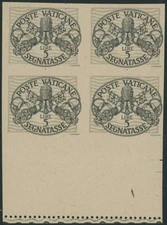 1945, VATICAN POSTAGE DUES, PAPAL ARMS 5L, IMPERF BLOCK OF FOUR, NH, SC.#J12