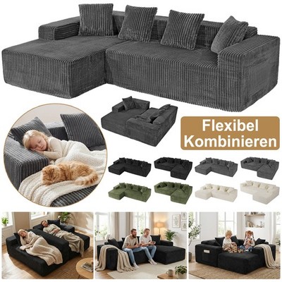 Ecksofa L-Form Modular Sofa Montagefrei Cord Couch mit Kissen & Seitentaschen