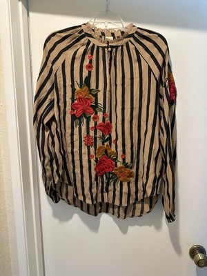 Akemi + Kin by Anthropologie Manuela Stripped Floral Embroidered Blouse Laced S