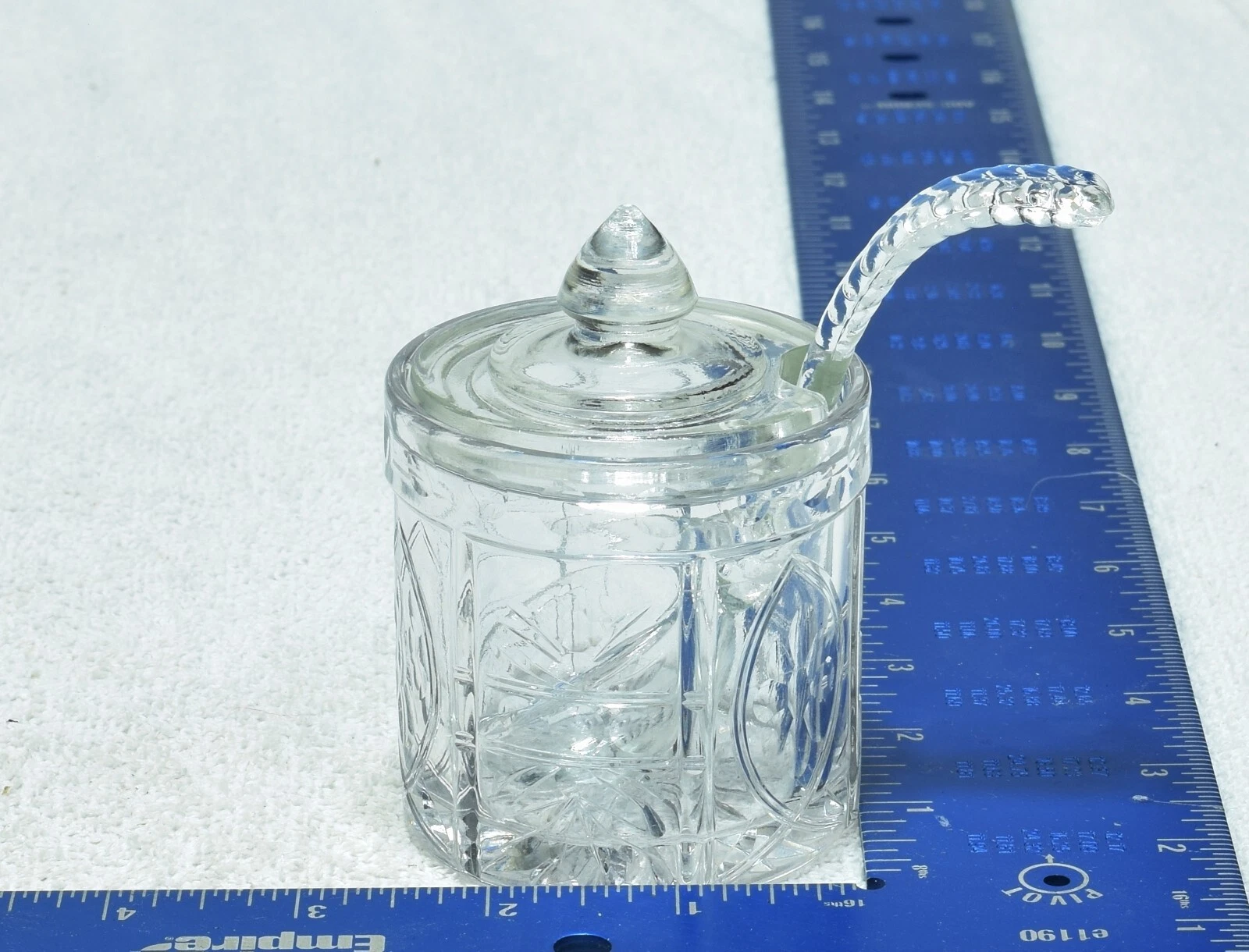 Antique Heisey Glass Flat Panel Cut Mustard Preserve Jar w/Lid & Spoon CRACKS